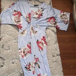 Floral Kimono Dress in Light Blue and Red